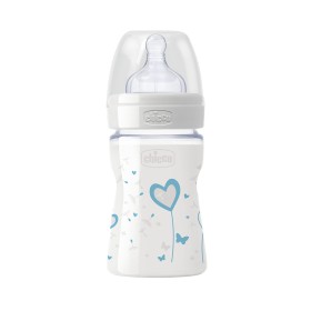 CHICCO Nature Glass Heart Blue Glass Bottle, Silicone Nipple 0m + 150ml