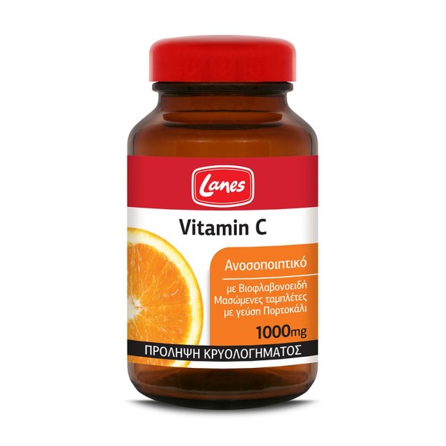 LANES Vitamin C 1000mg, chewable tablets - 60 chewable tablets in a glass bottle.