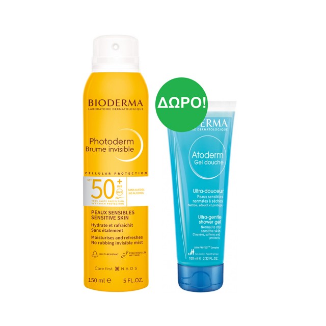 BIODERMA Photoderm Brume Invisible Spf50+ Sunscreen Face & Body Spray 150ml & Atoderm Gel Douche Face & Body Cleanser 100ml